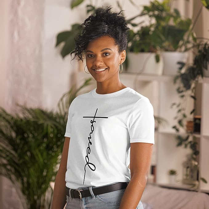 Woman wearing the Saved T-shirt